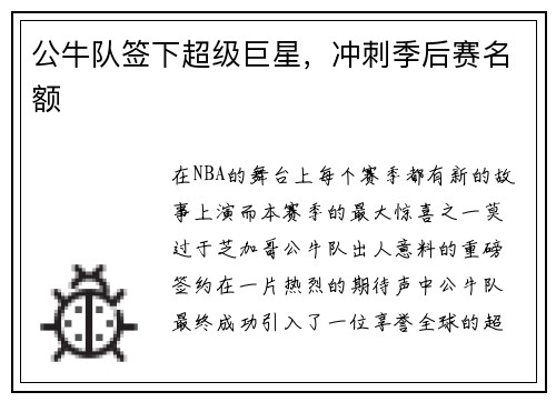 公牛队签下超级巨星，冲刺季后赛名额